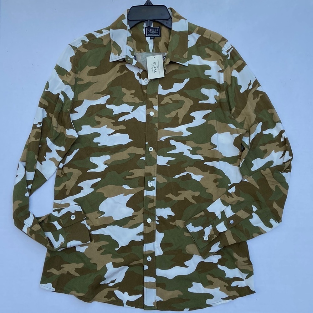 New GUESS Camo Slim Fit Long Sleeve Shirt SZ M